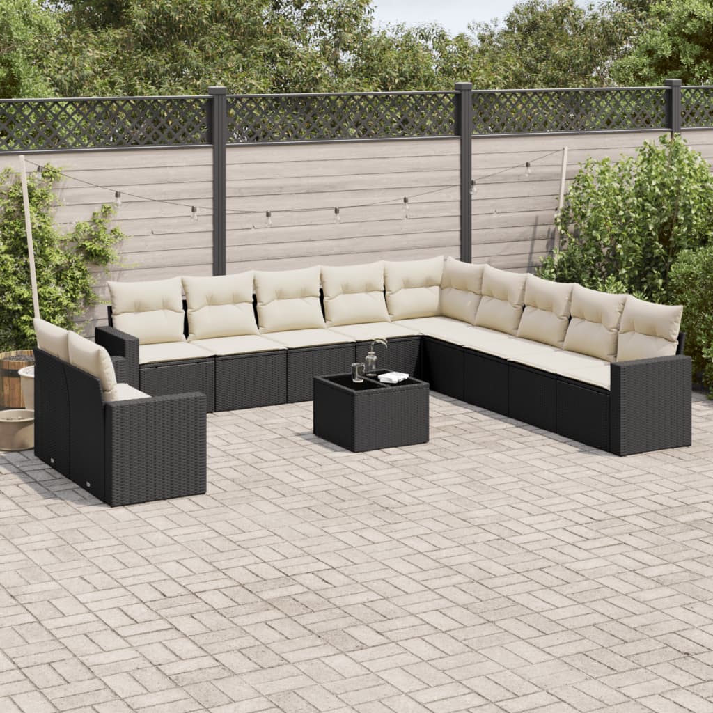 12-delige Loungeset met kussens poly rattan zwart – afbeelding 1