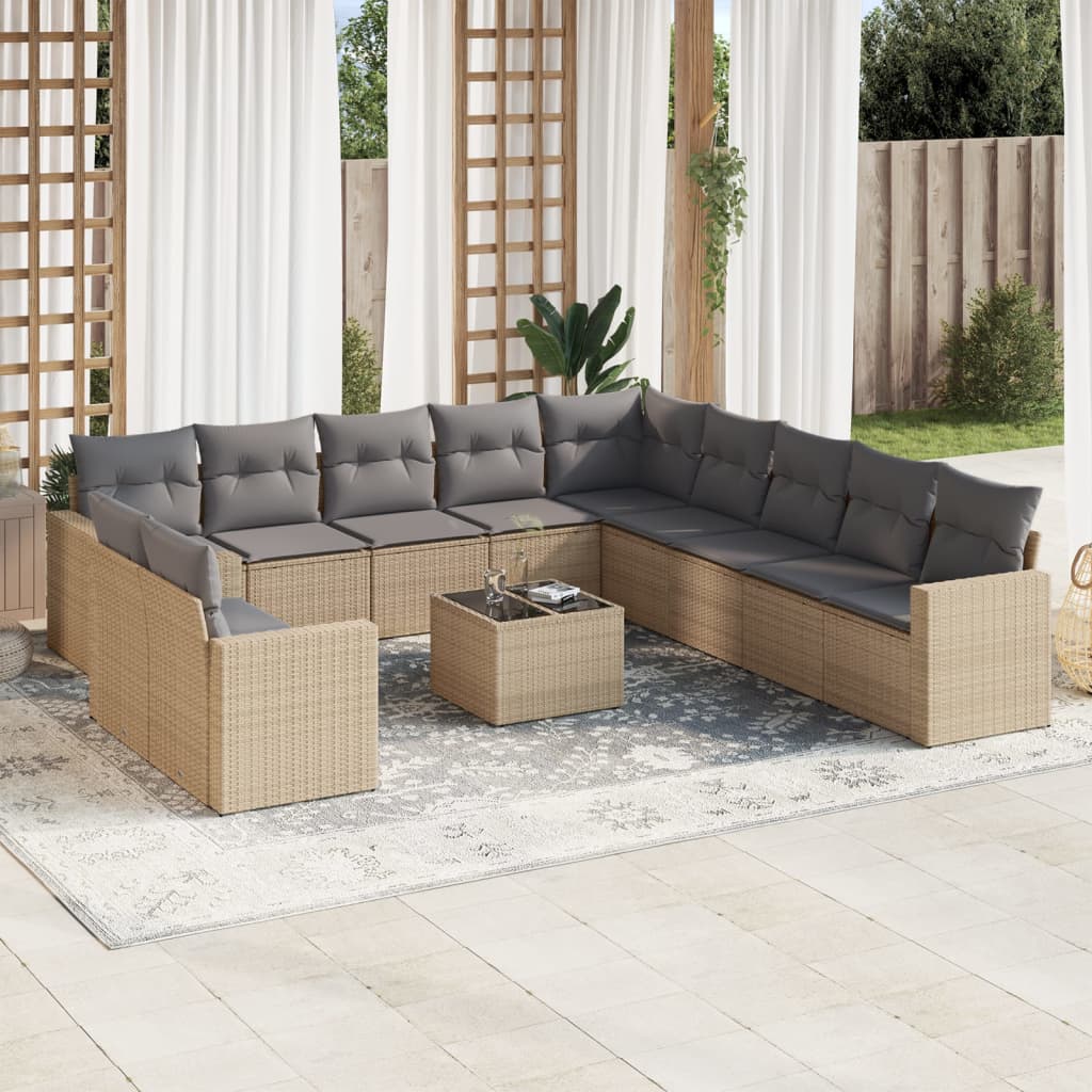 12-delige Loungeset met kussens poly rattan beige – afbeelding 1