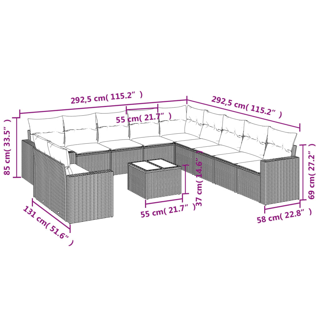 12-delige Loungeset met kussens poly rattan beige – afbeelding 3
