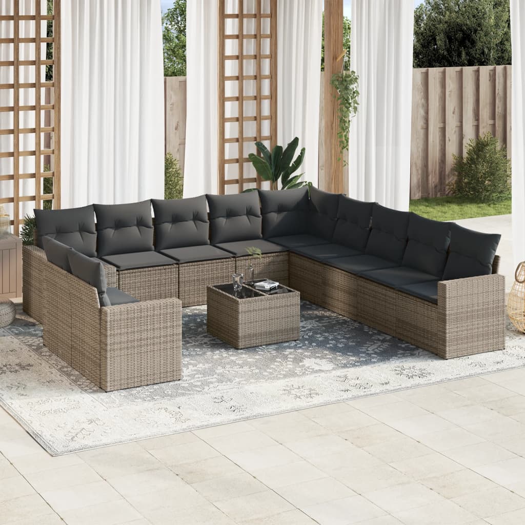 12-delige Loungeset met kussens poly rattan grijs – afbeelding 1