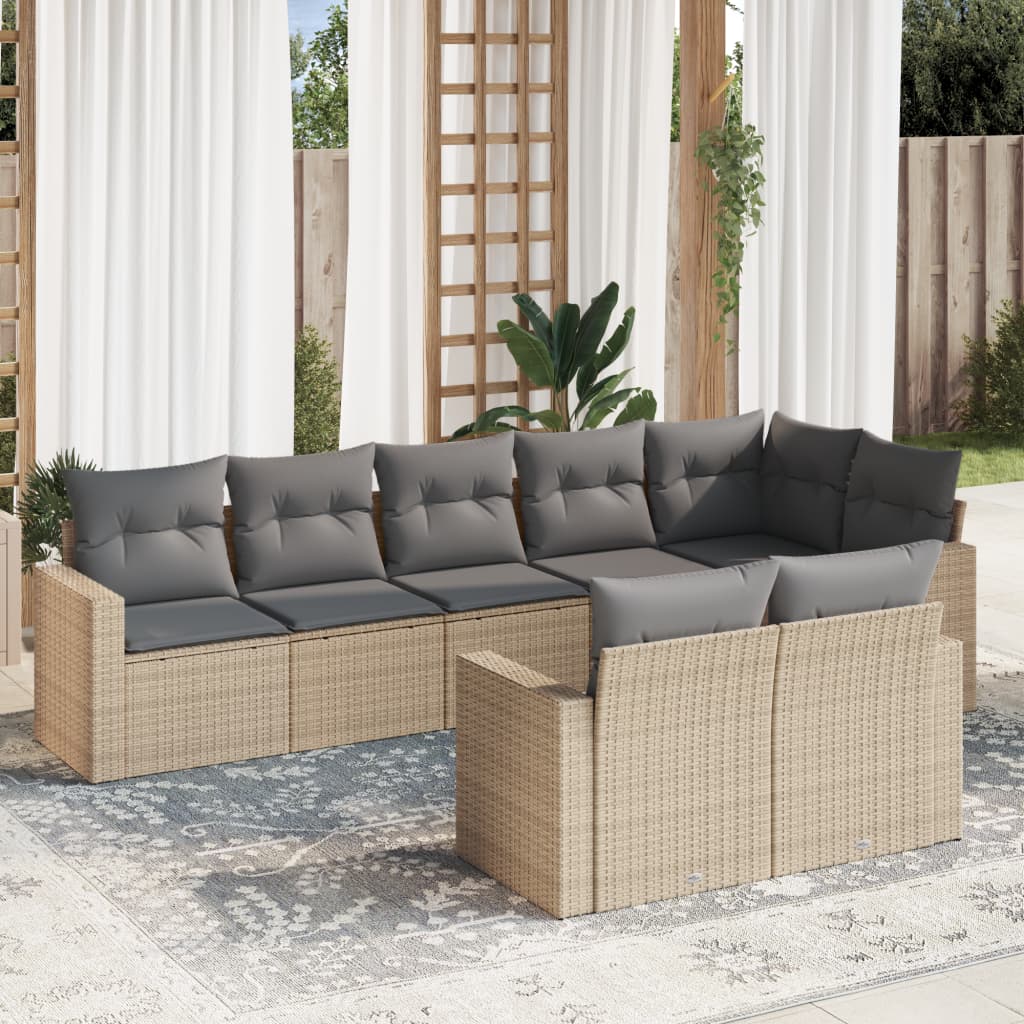 8-delige Loungeset met kussens poly rattan beige – afbeelding 1