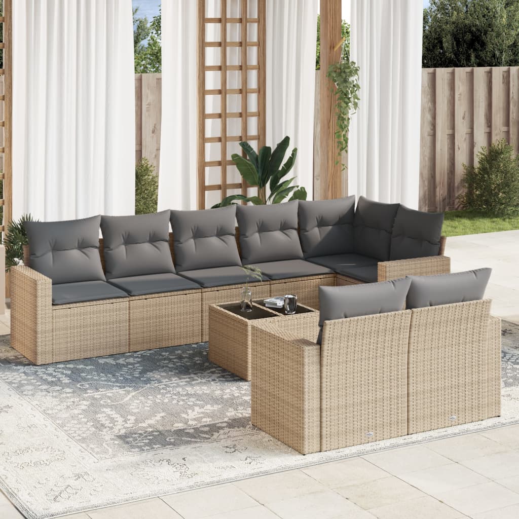 9-delige Loungeset met kussens poly rattan beige – afbeelding 1