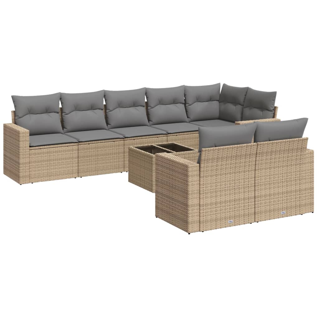 9-delige Loungeset met kussens poly rattan beige – afbeelding 2