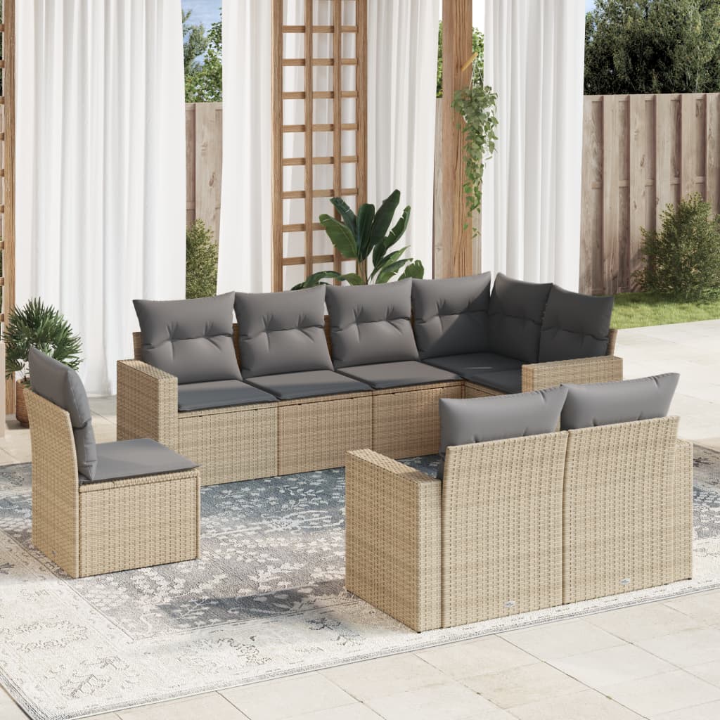 8-delige Loungeset met kussens poly rattan beige – afbeelding 1