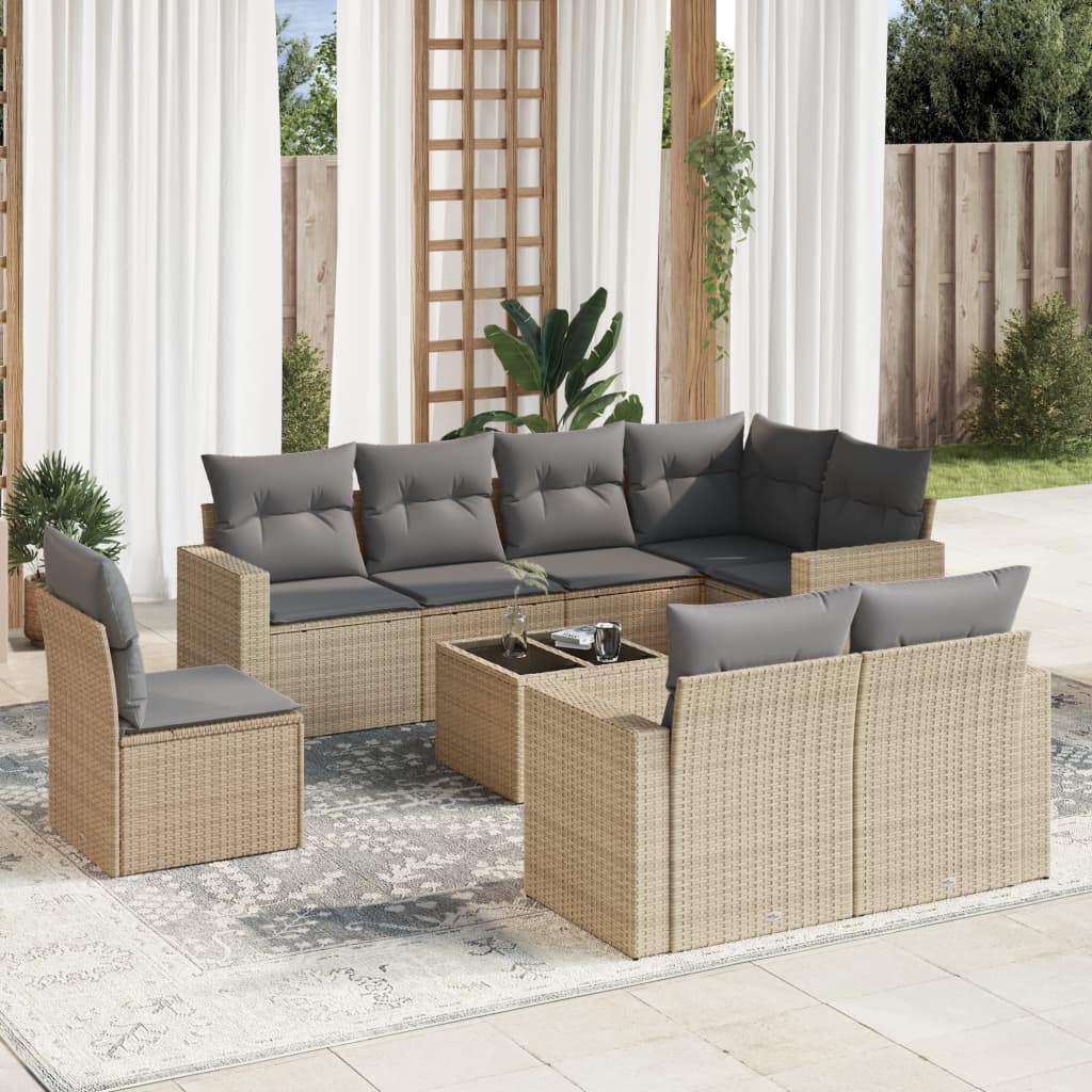 9-delige Loungeset met kussens poly rattan beige – afbeelding 1