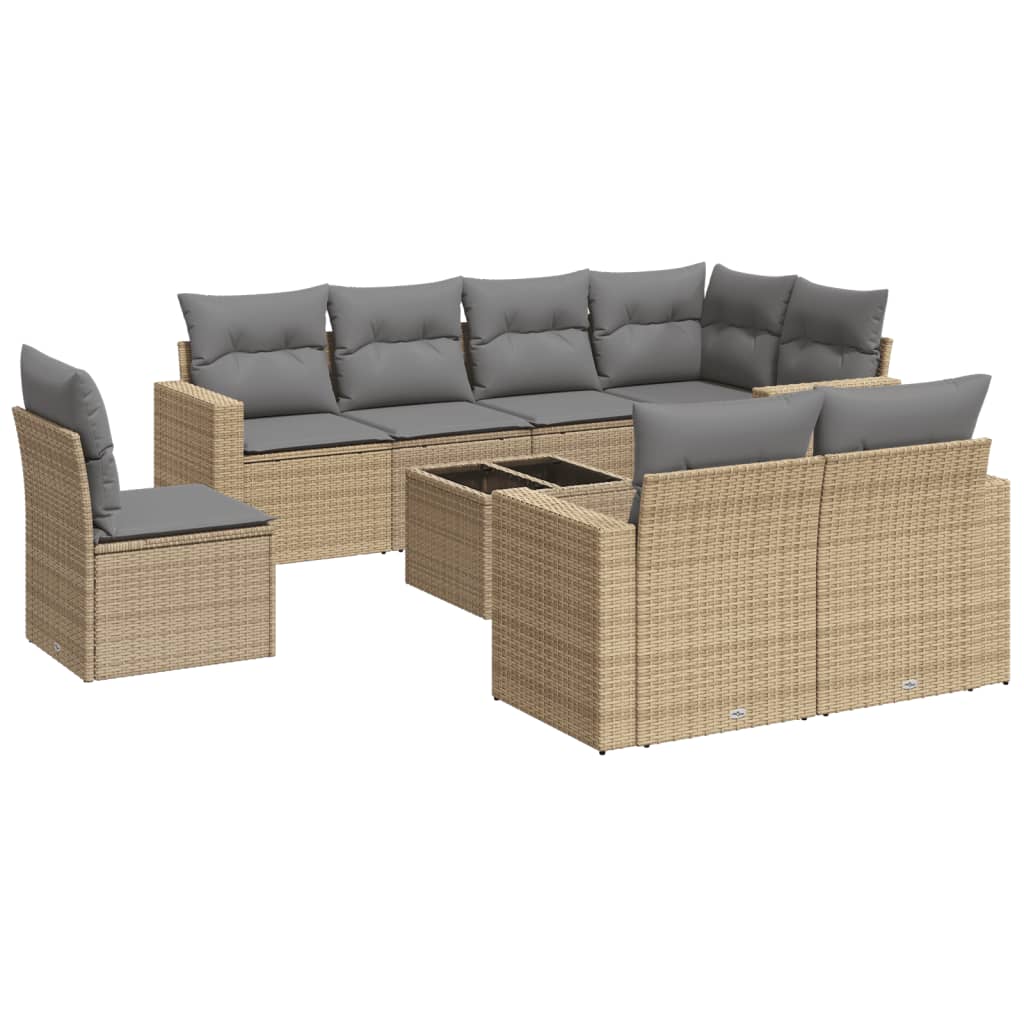 9-delige Loungeset met kussens poly rattan beige – afbeelding 2