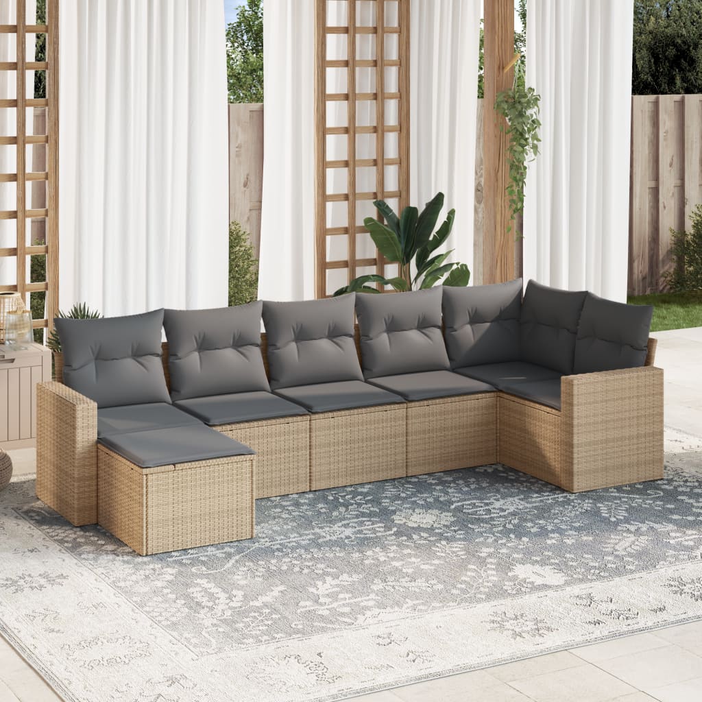 7-delige Loungeset met kussens poly rattan beige – afbeelding 1