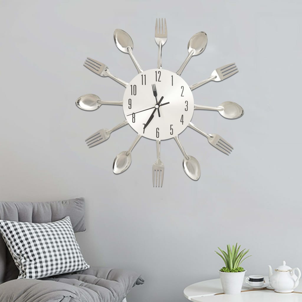 Wandklok lepel-en-vork 31 cm aluminium zilverkleurig