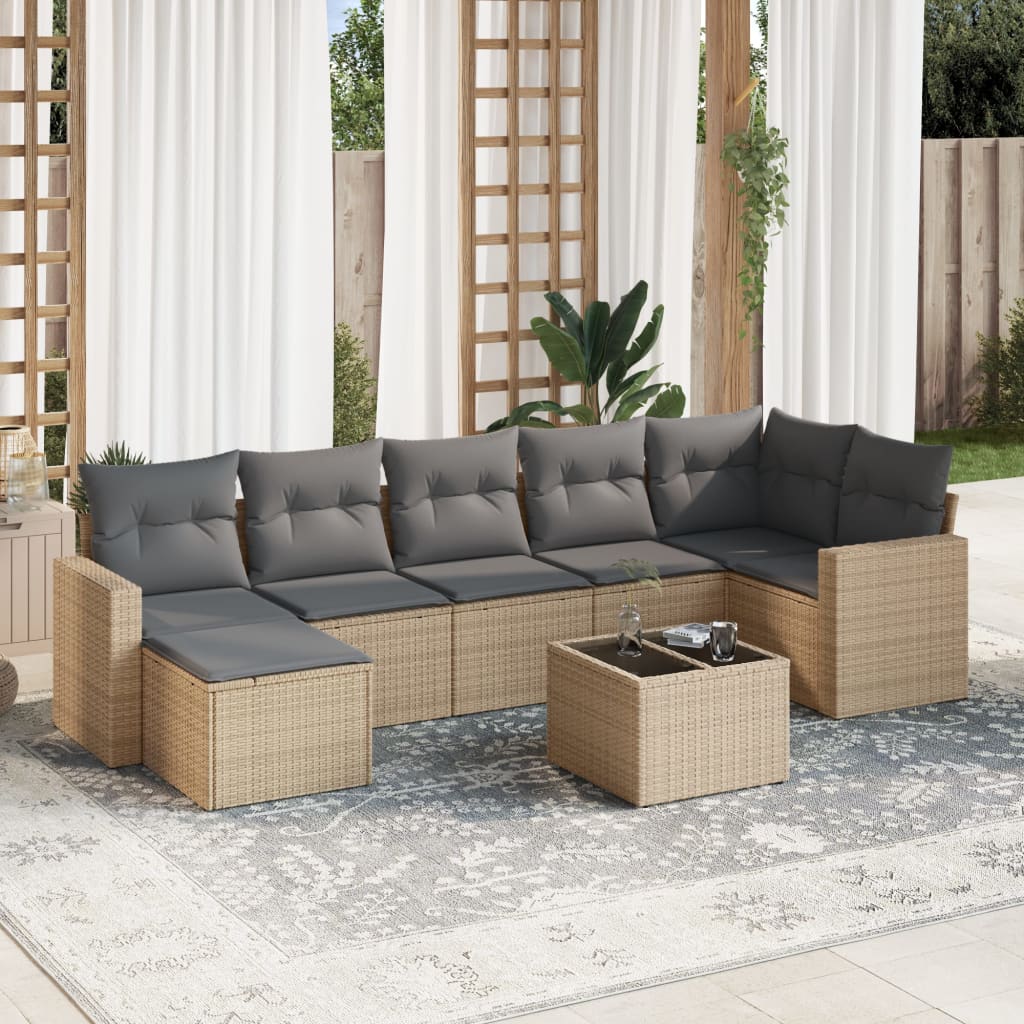 8-delige Loungeset met kussens poly rattan beige – afbeelding 1