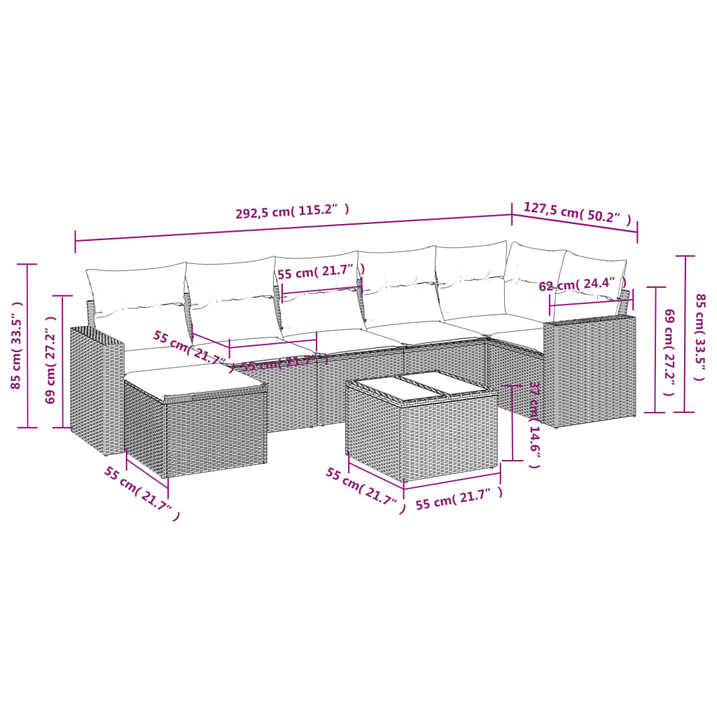 8-delige Loungeset met kussens poly rattan beige – afbeelding 3