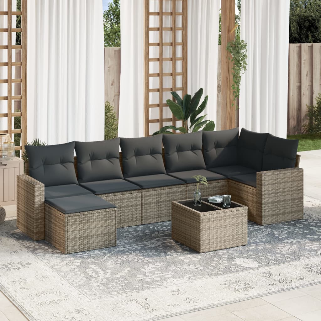 8-delige Loungeset met kussens poly rattan grijs – afbeelding 1