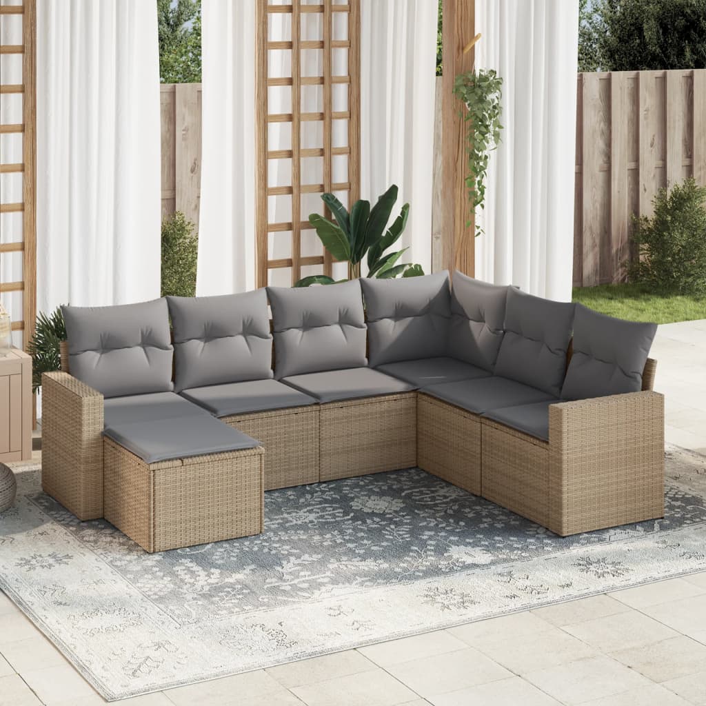 7-delige Loungeset met kussens poly rattan beige – afbeelding 1