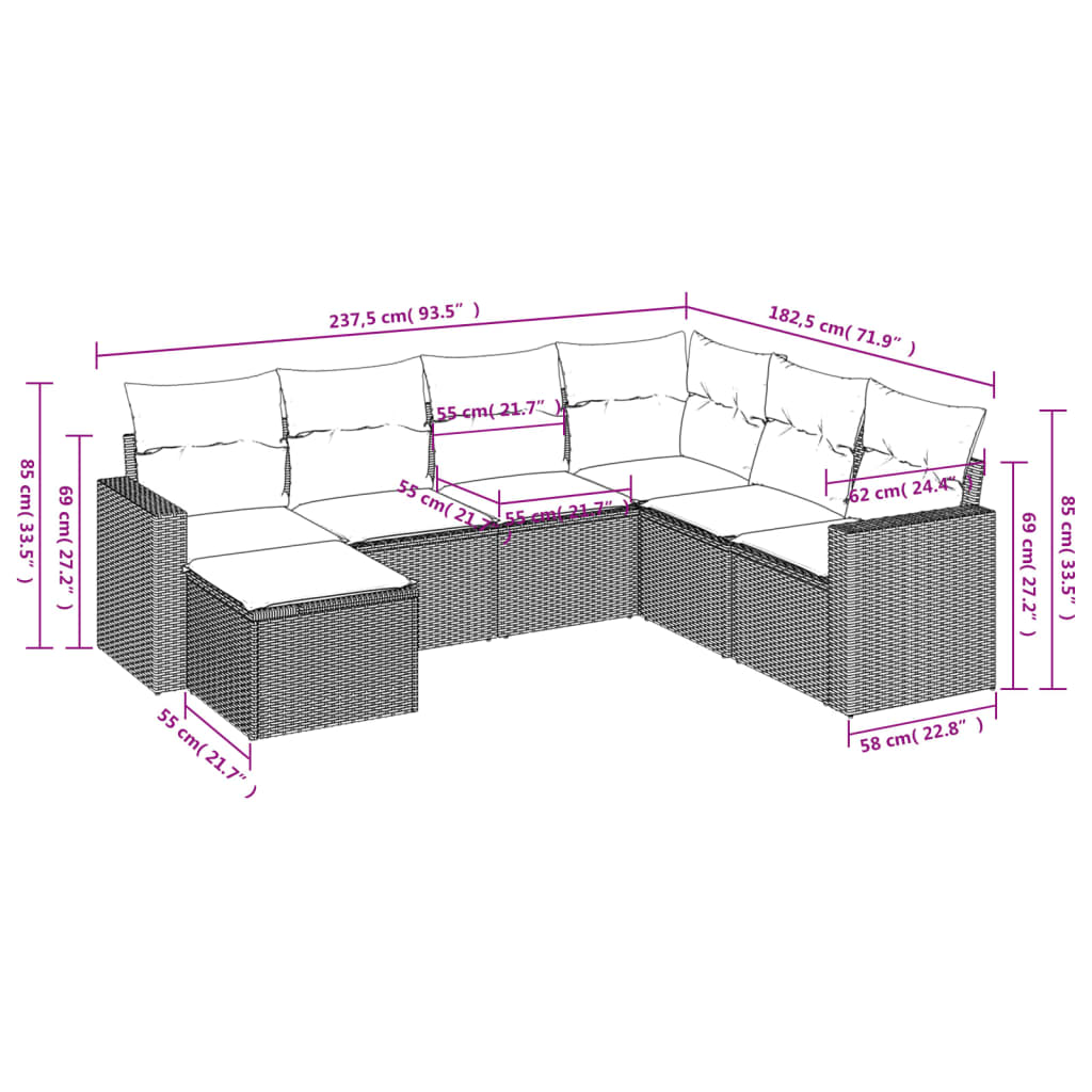 7-delige Loungeset met kussens poly rattan beige – afbeelding 3
