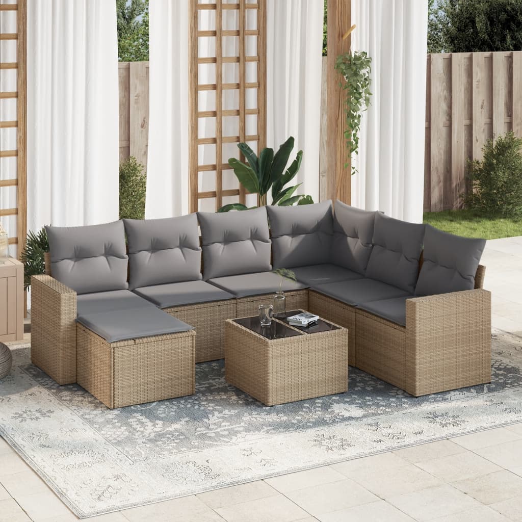 8-delige Loungeset met kussens poly rattan beige – afbeelding 1
