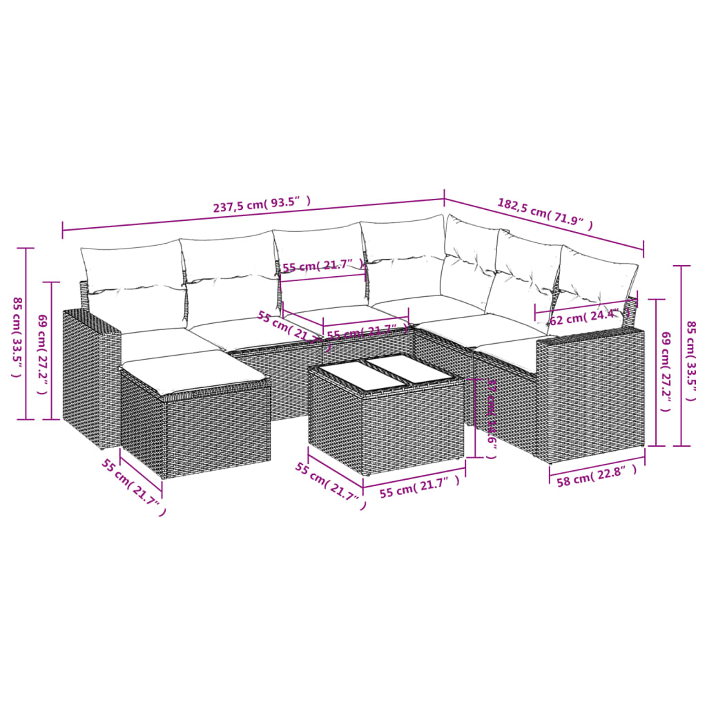 8-delige Loungeset met kussens poly rattan beige – afbeelding 3