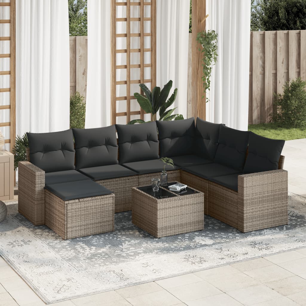 8-delige Loungeset met kussens poly rattan grijs