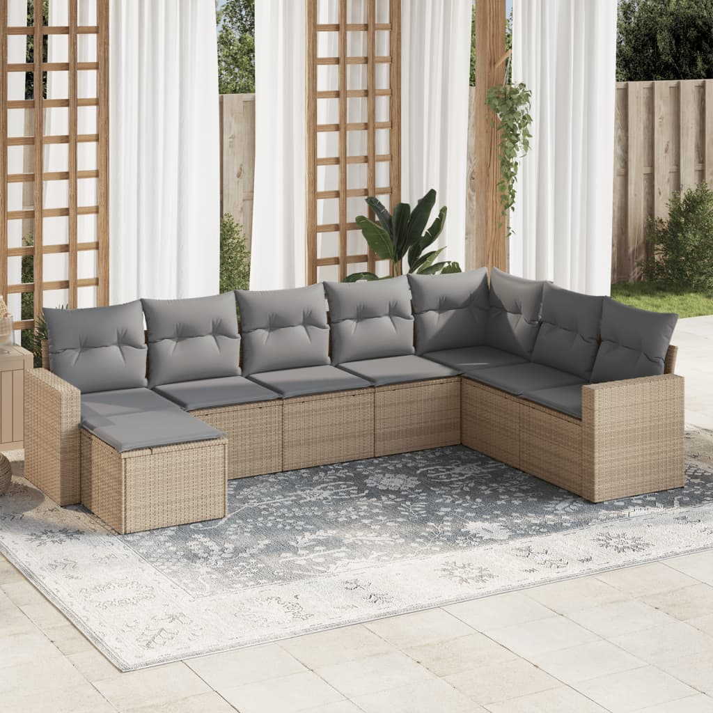 8-delige Loungeset met kussens poly rattan beige – afbeelding 1