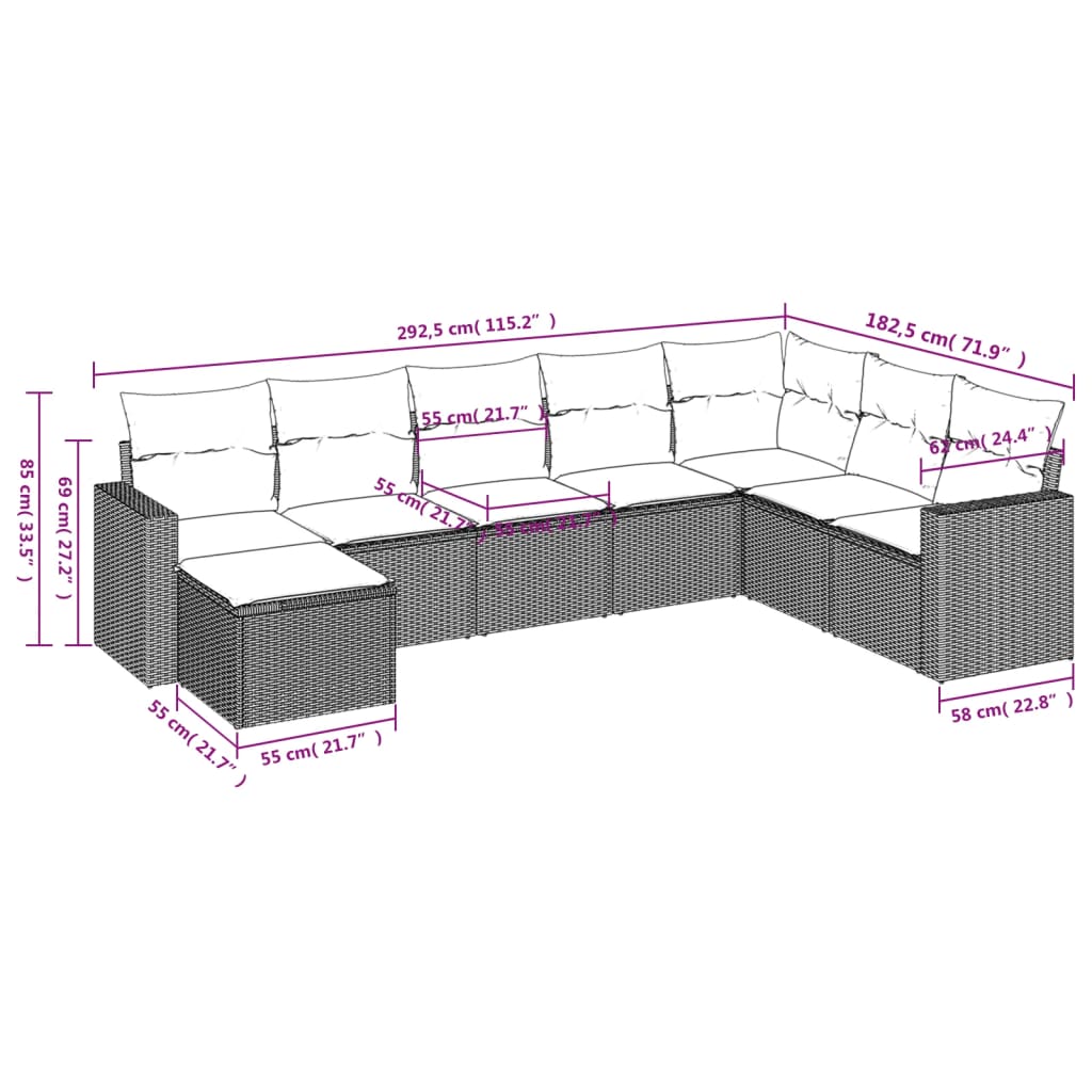 8-delige Loungeset met kussens poly rattan beige – afbeelding 3