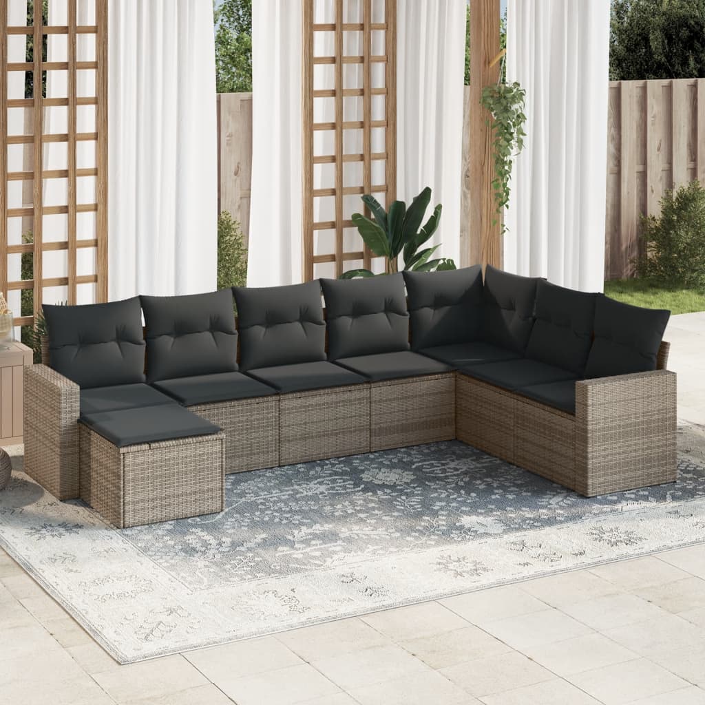 8-delige Loungeset met kussens poly rattan grijs – afbeelding 1