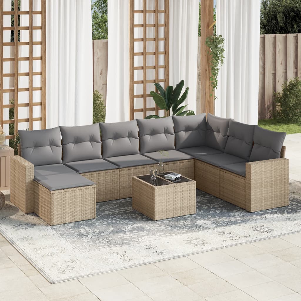 9-delige Loungeset met kussens poly rattan beige – afbeelding 1