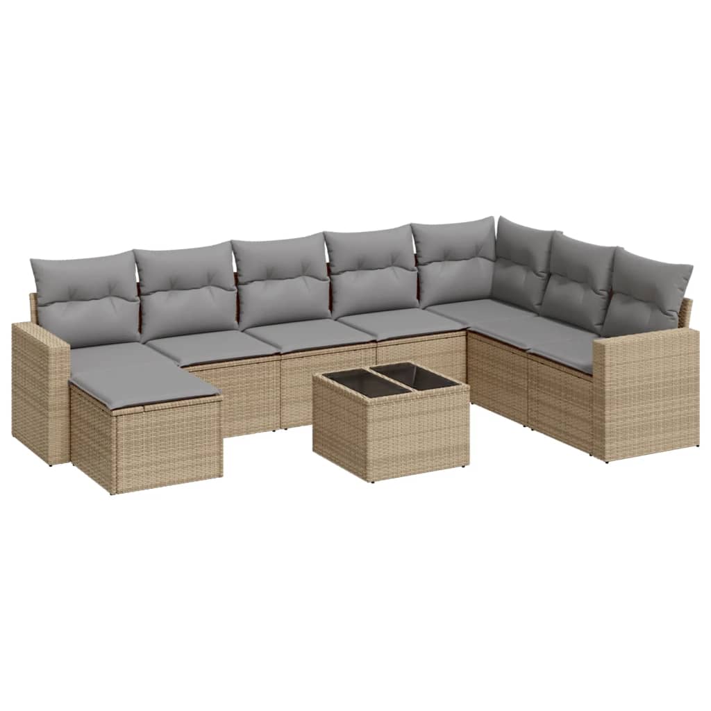 9-delige Loungeset met kussens poly rattan beige – afbeelding 2