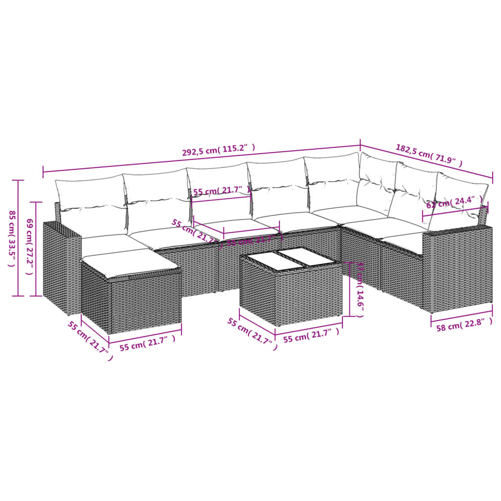 9-delige Loungeset met kussens poly rattan beige – afbeelding 3