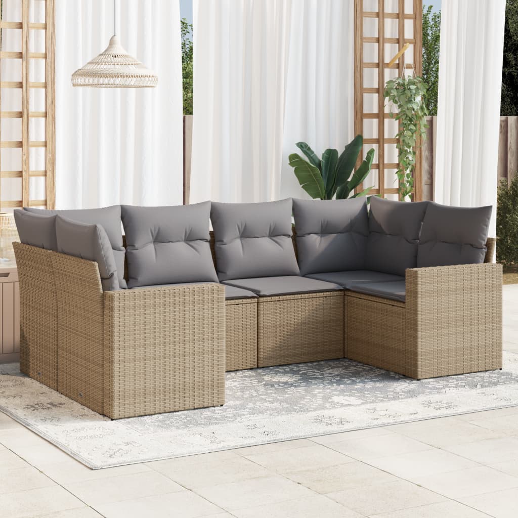 6-delige Loungeset met kussens poly rattan beige – afbeelding 1