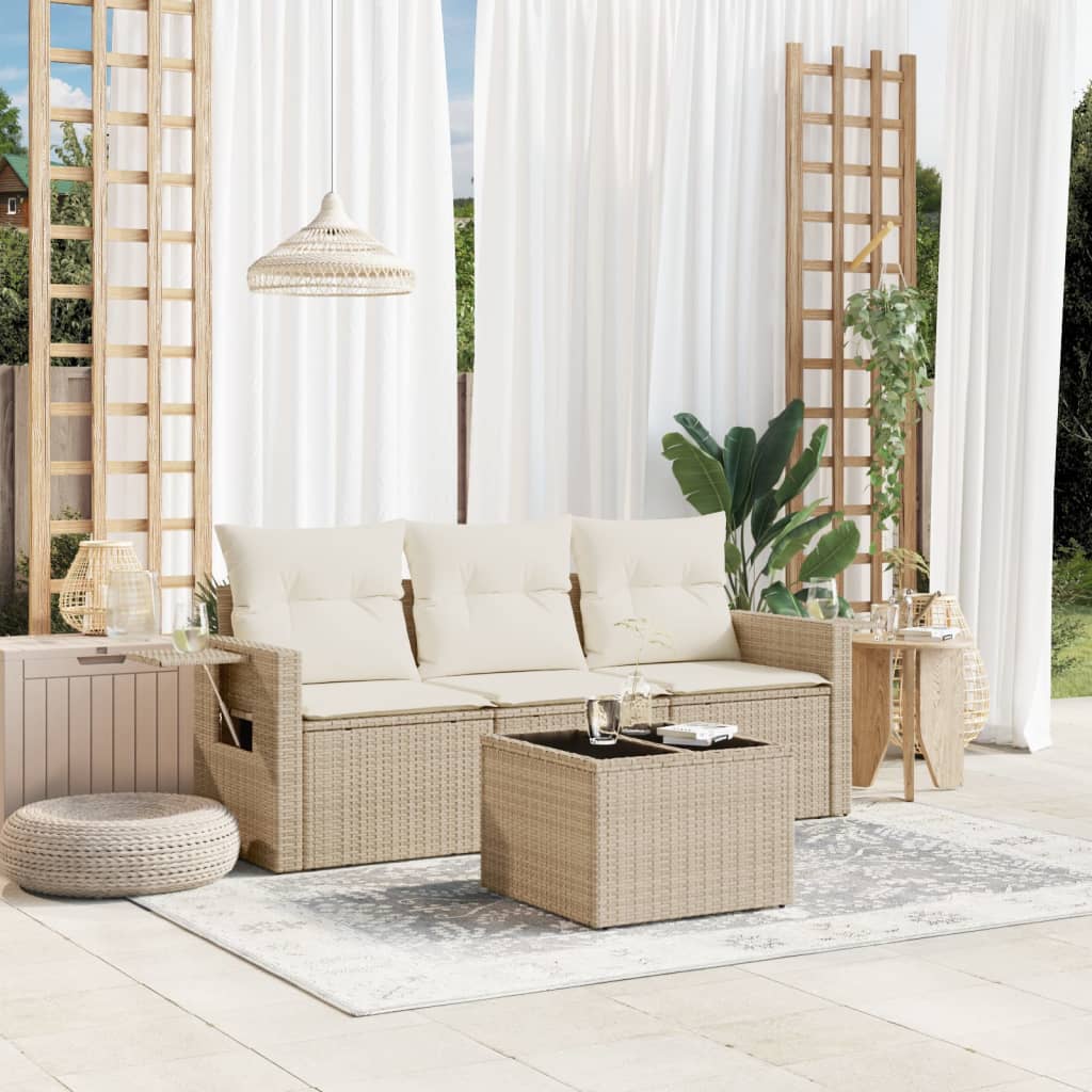 4-delige Loungeset met kussens poly rattan beige – afbeelding 1