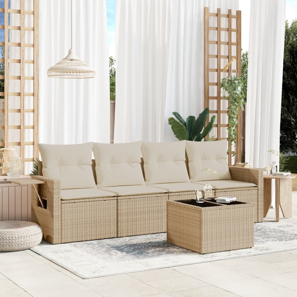 5-delige Loungeset met kussens poly rattan beige – afbeelding 1