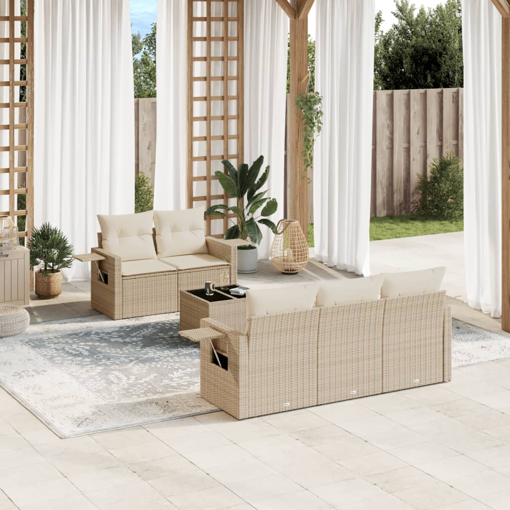 6-delige Loungeset met kussens poly rattan beige – afbeelding 1