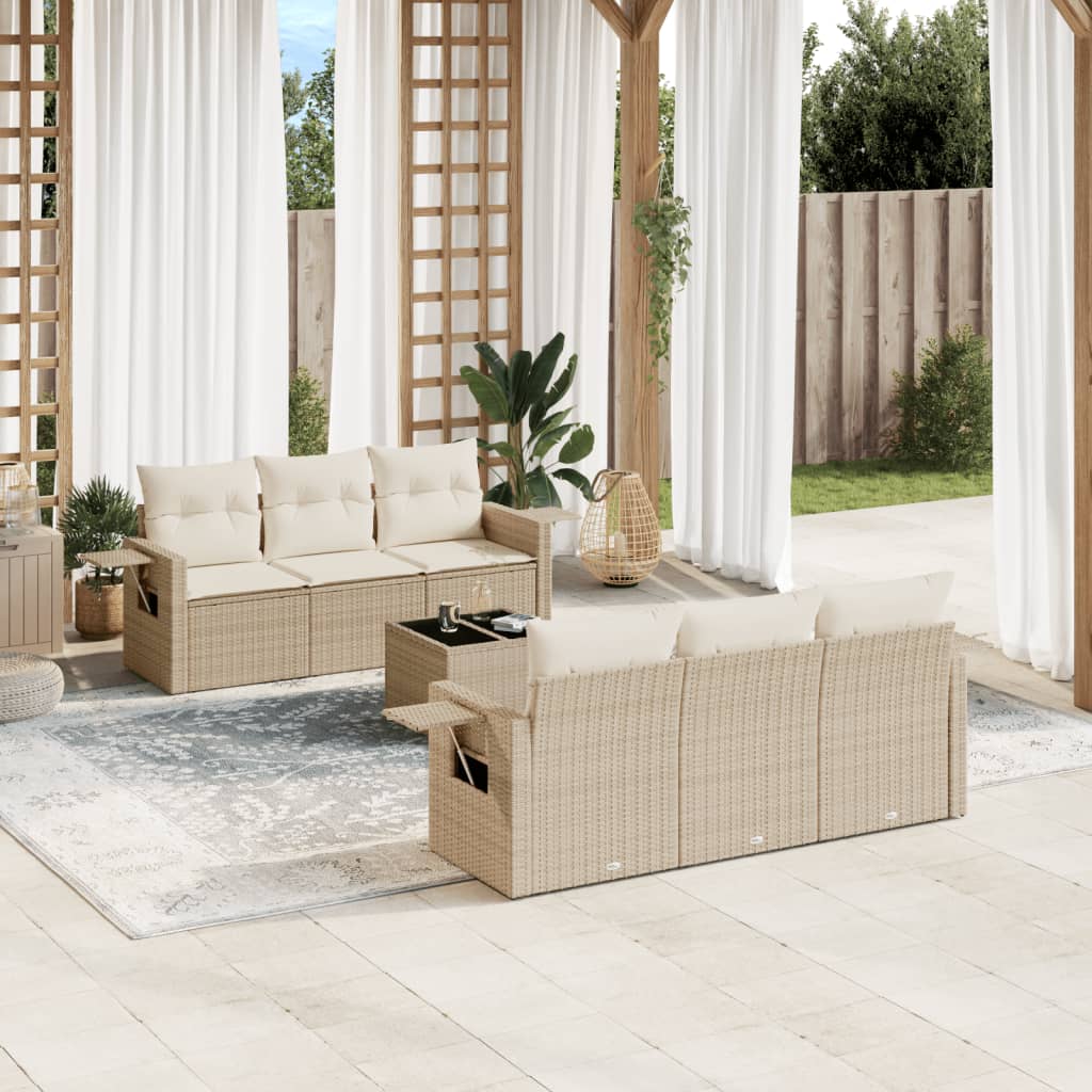 7-delige Loungeset met kussens poly rattan beige – afbeelding 1