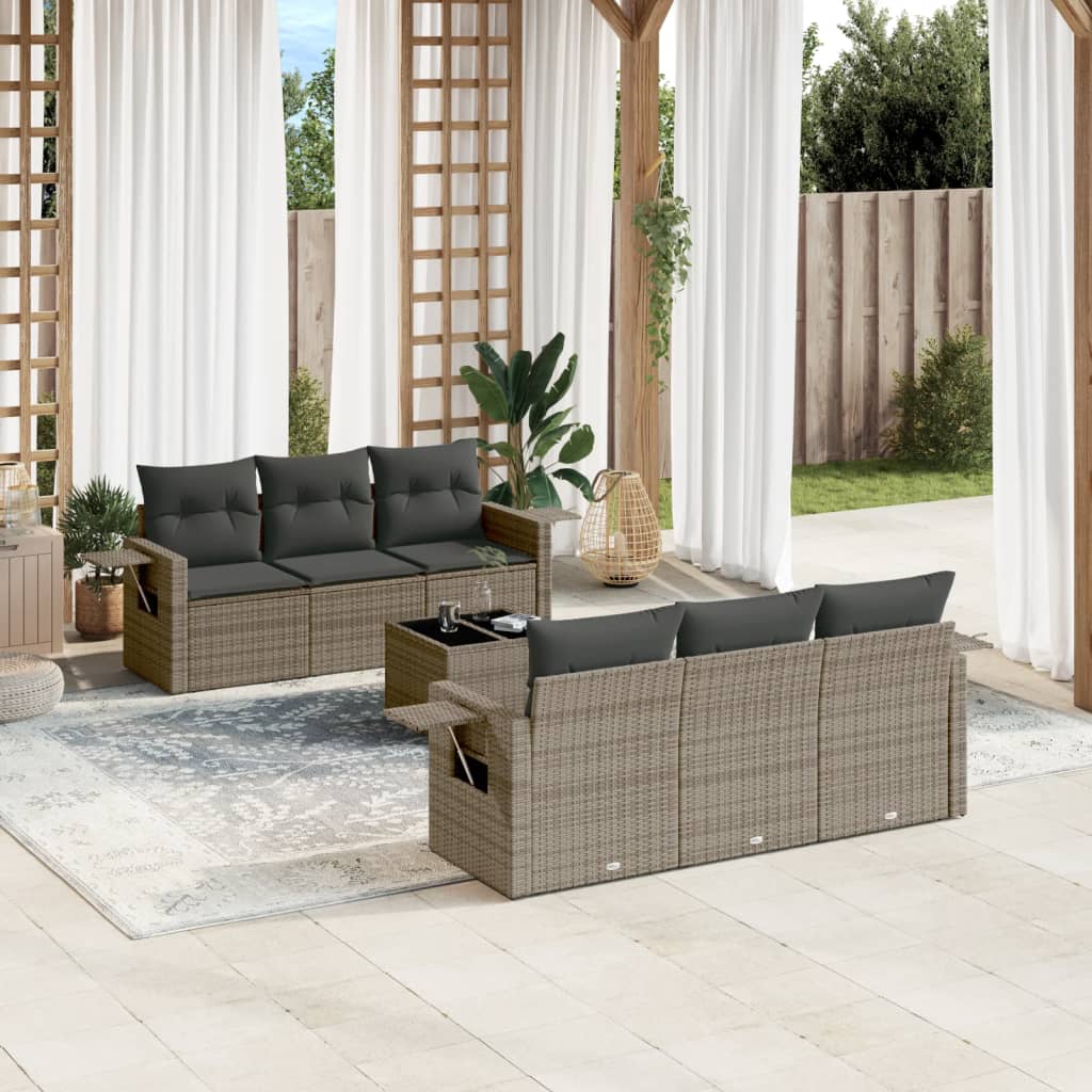 7-delige Loungeset met kussens poly rattan grijs – afbeelding 1