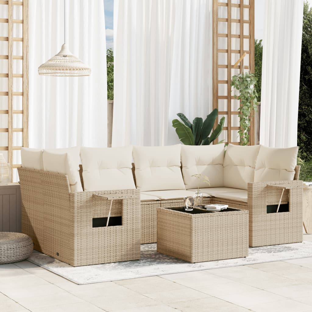 7-delige Loungeset met kussens poly rattan beige – afbeelding 1