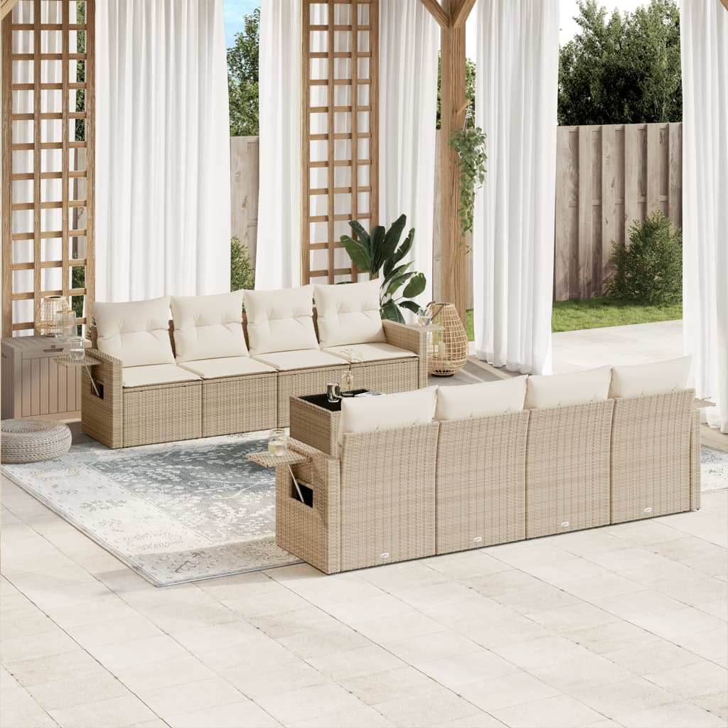 9-delige Loungeset met kussens poly rattan beige – afbeelding 1