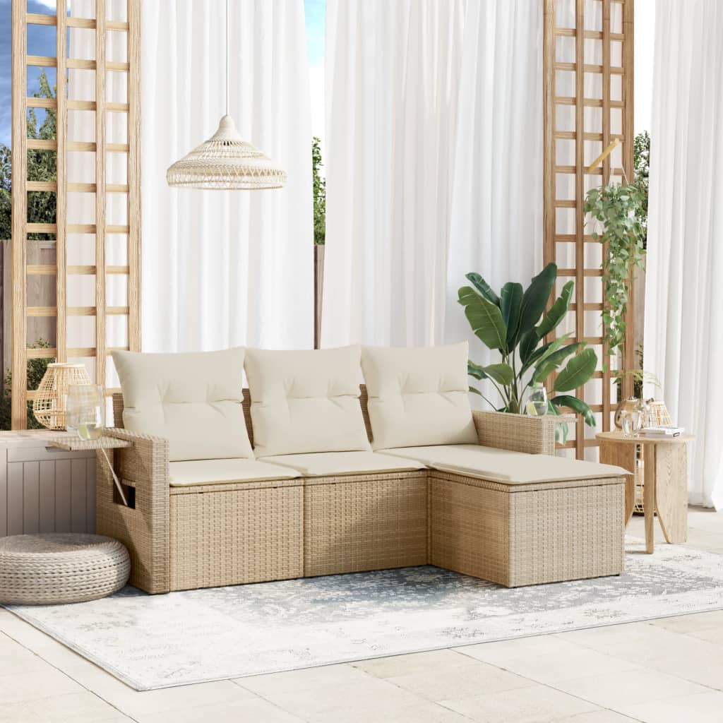4-delige Loungeset met kussens poly rattan beige – afbeelding 1