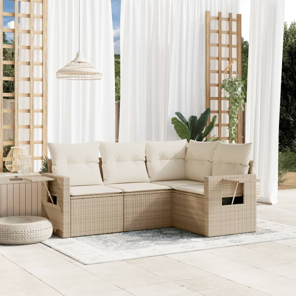 4-delige Loungeset met kussens poly rattan beige – afbeelding 1