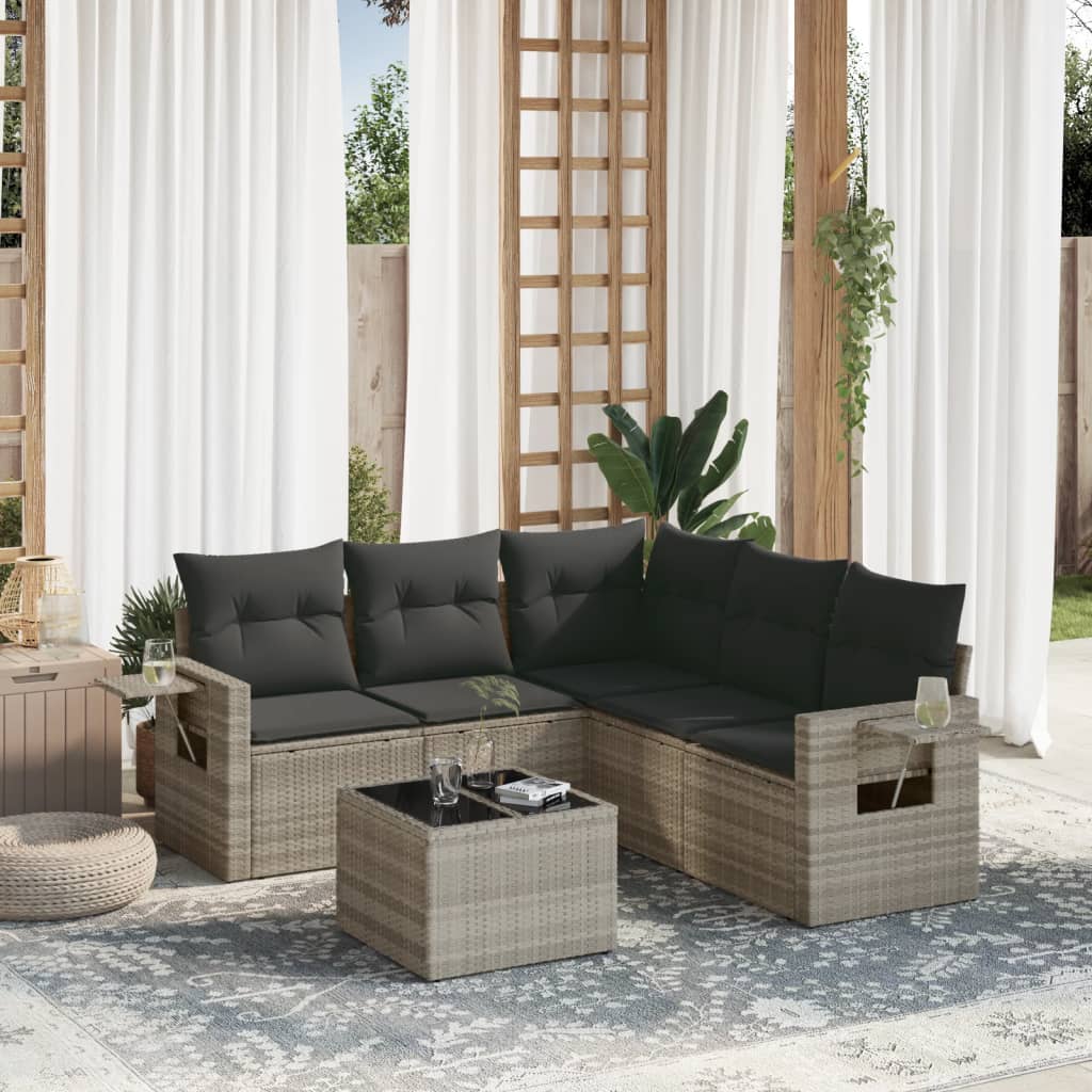 6-delige Loungeset met kussens poly rattan lichtgrijs – afbeelding 1