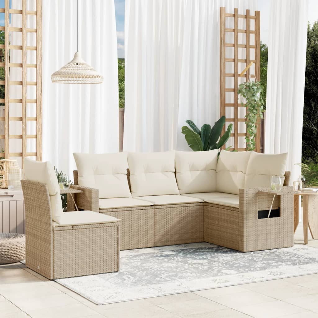 5-delige Loungeset met kussens poly rattan beige – afbeelding 1