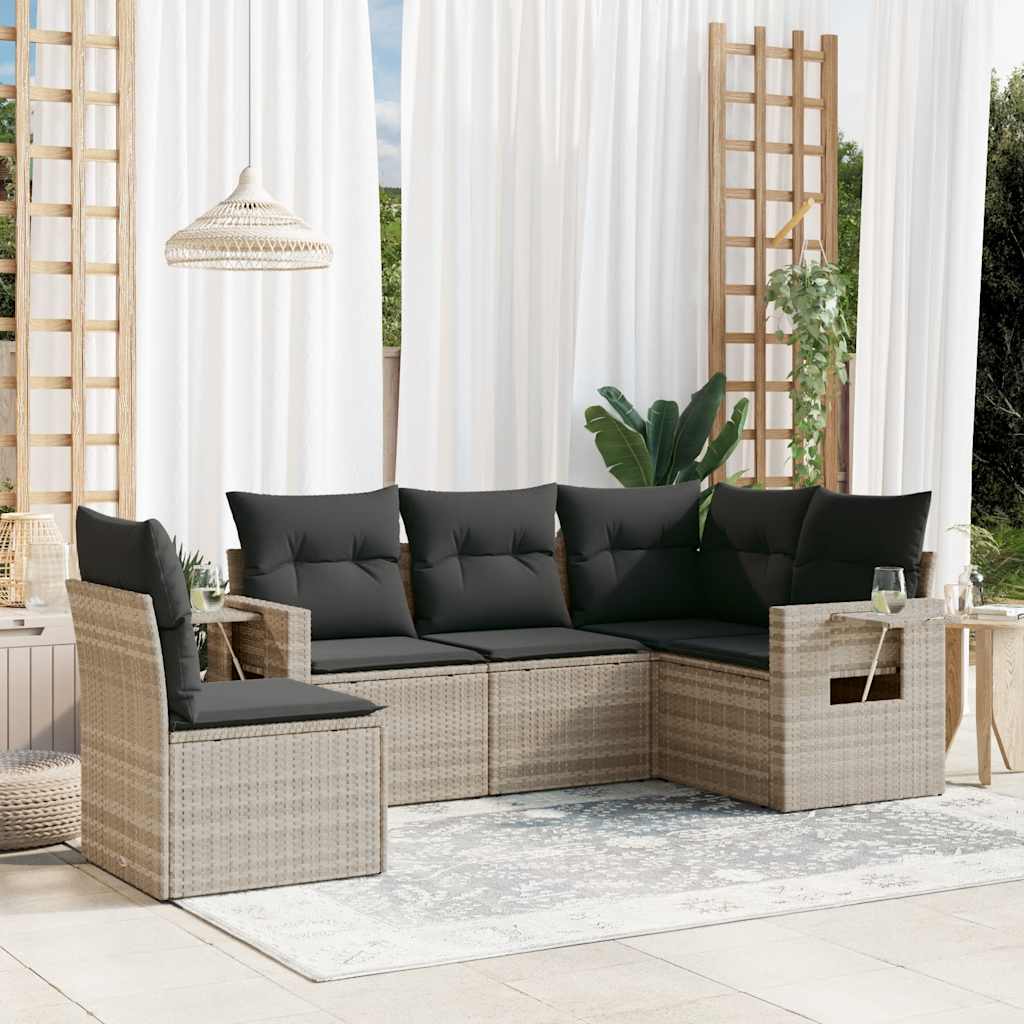 5-delige Loungeset met kussens poly rattan lichtgrijs – afbeelding 1