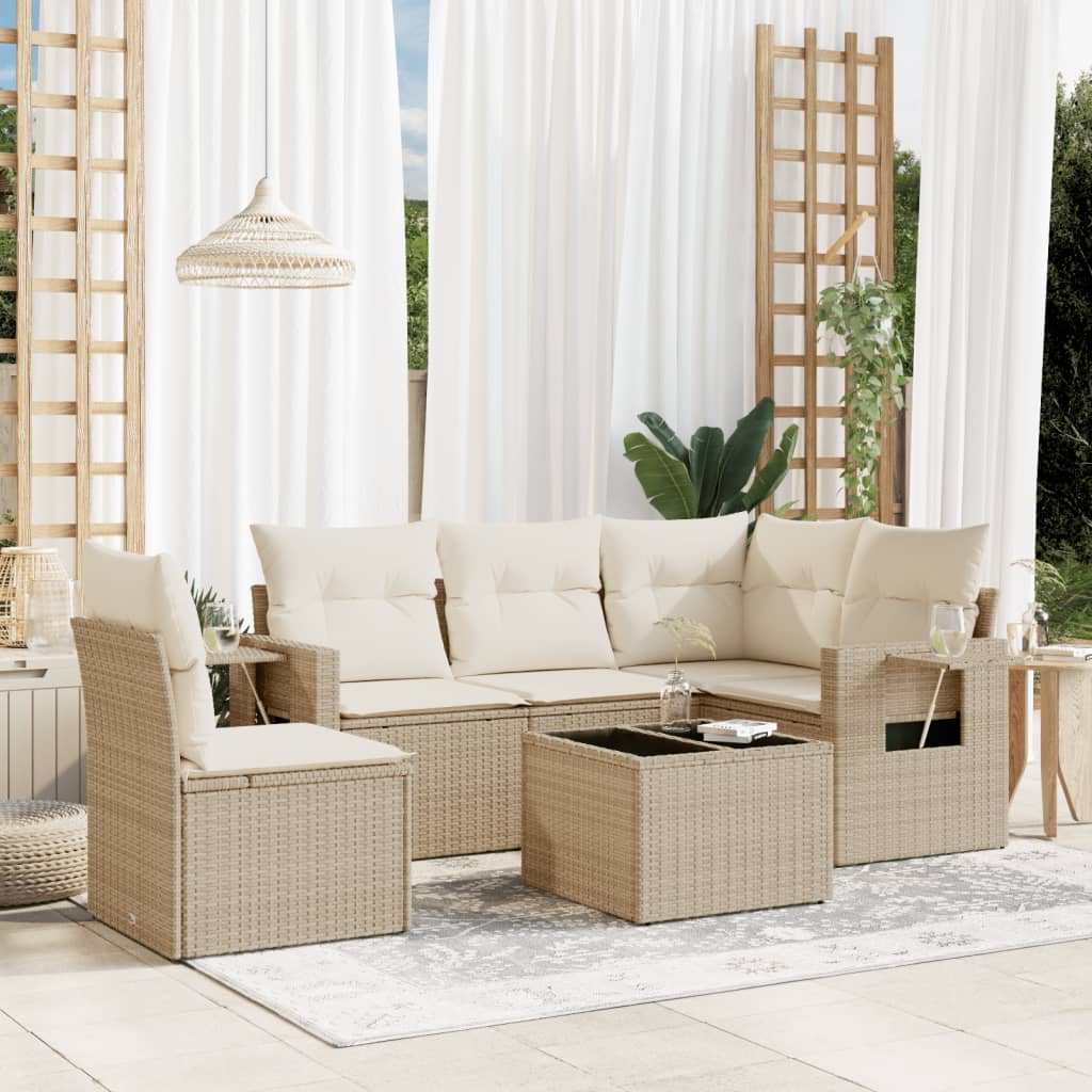 6-delige Loungeset met kussens poly rattan beige – afbeelding 1