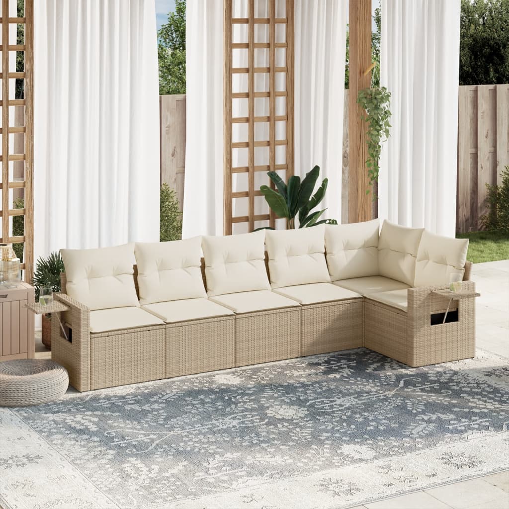 6-delige Loungeset met kussens poly rattan beige – afbeelding 1