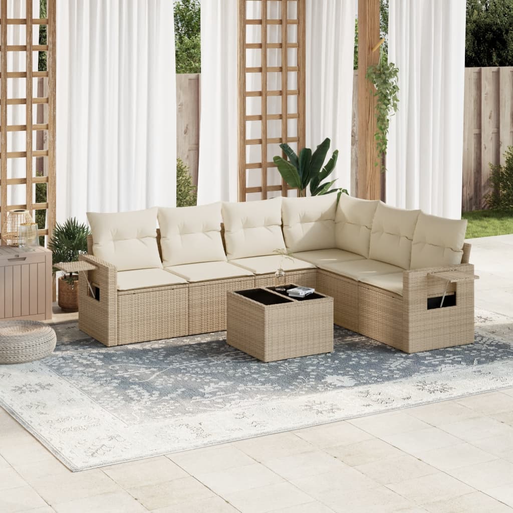 7-delige Loungeset met kussens poly rattan beige – afbeelding 1