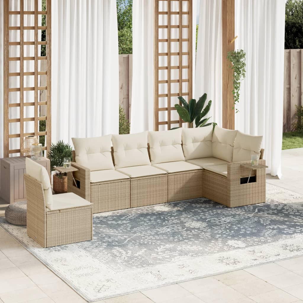 6-delige Loungeset met kussens poly rattan beige – afbeelding 1