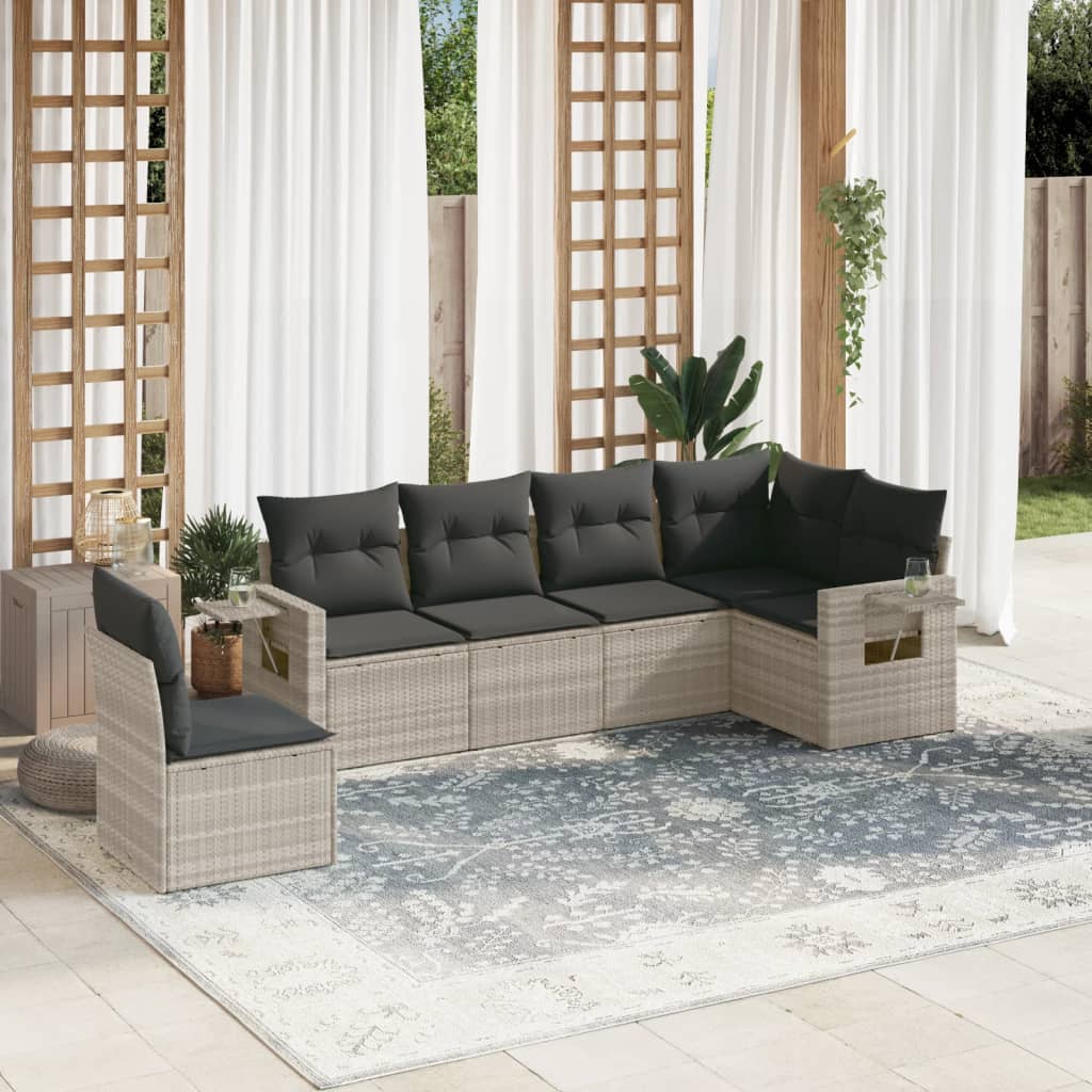 6-delige Loungeset met kussens poly rattan lichtgrijs – afbeelding 1