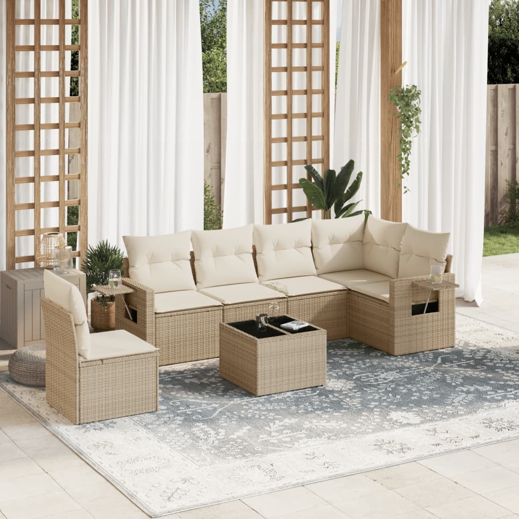 7-delige Loungeset met kussens poly rattan beige – afbeelding 1