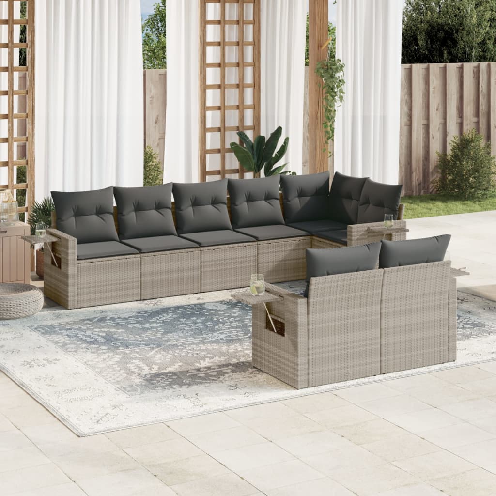 8-delige Loungeset met kussens poly rattan lichtgrijs – afbeelding 1