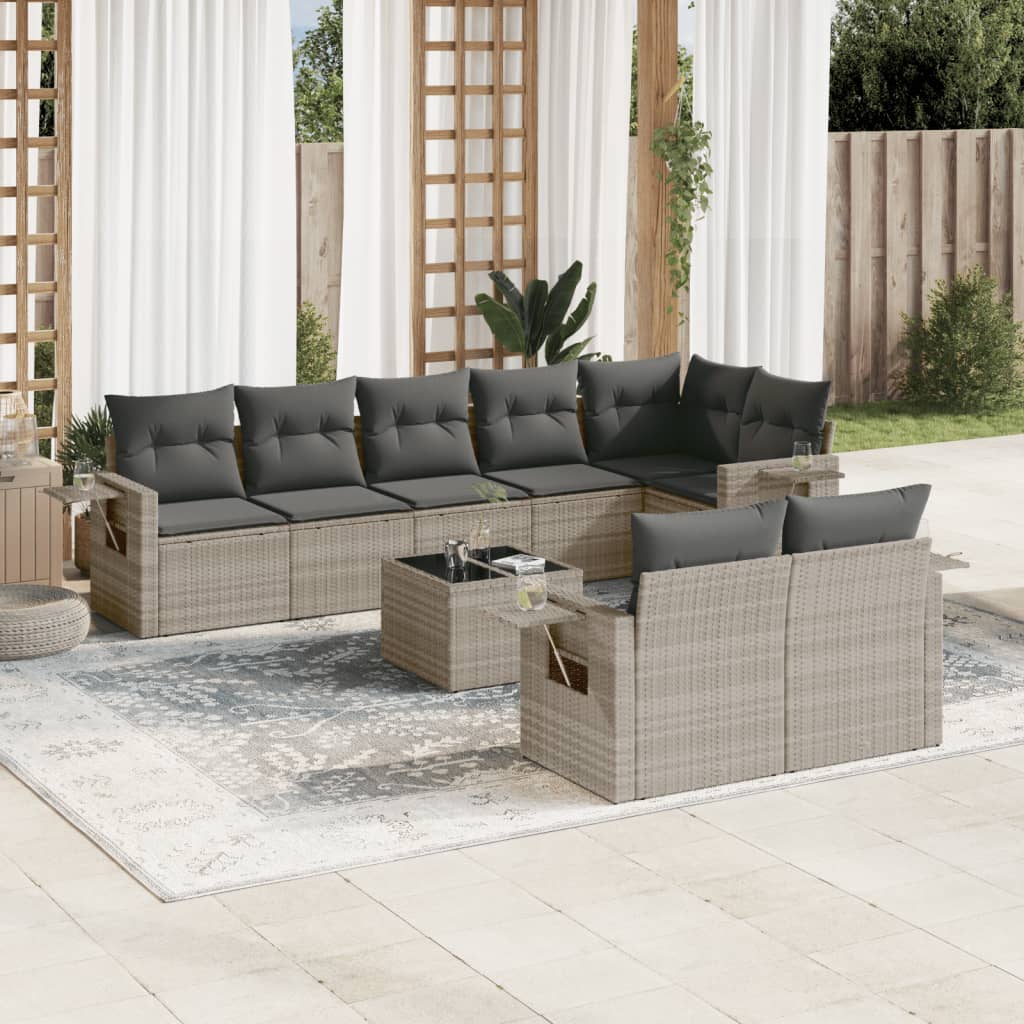9-delige Loungeset met kussens poly rattan lichtgrijs – afbeelding 1