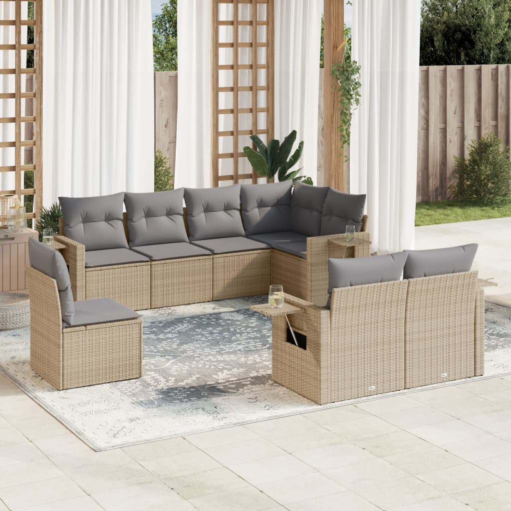 8-delige Loungeset met kussens poly rattan beige – afbeelding 1