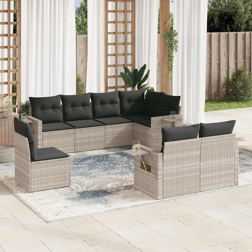 8-delige Loungeset met kussens poly rattan lichtgrijs – afbeelding 1