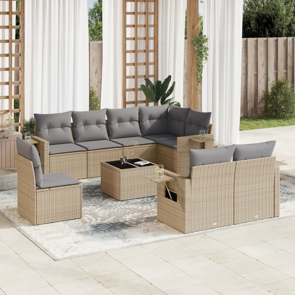 9-delige Loungeset met kussens poly rattan beige – afbeelding 1